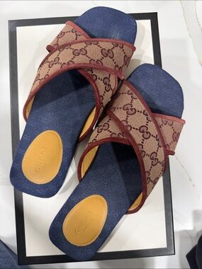 Gucci Brown Monogram Cross-Strap Sandals with Navy Footbed